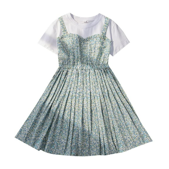 PINQI Fashion Dress for Baby Girls Summer Floral Backstrap Pleated Dress Short Sleeve Crew Neck A Swing Casual Daily Going Out Dress