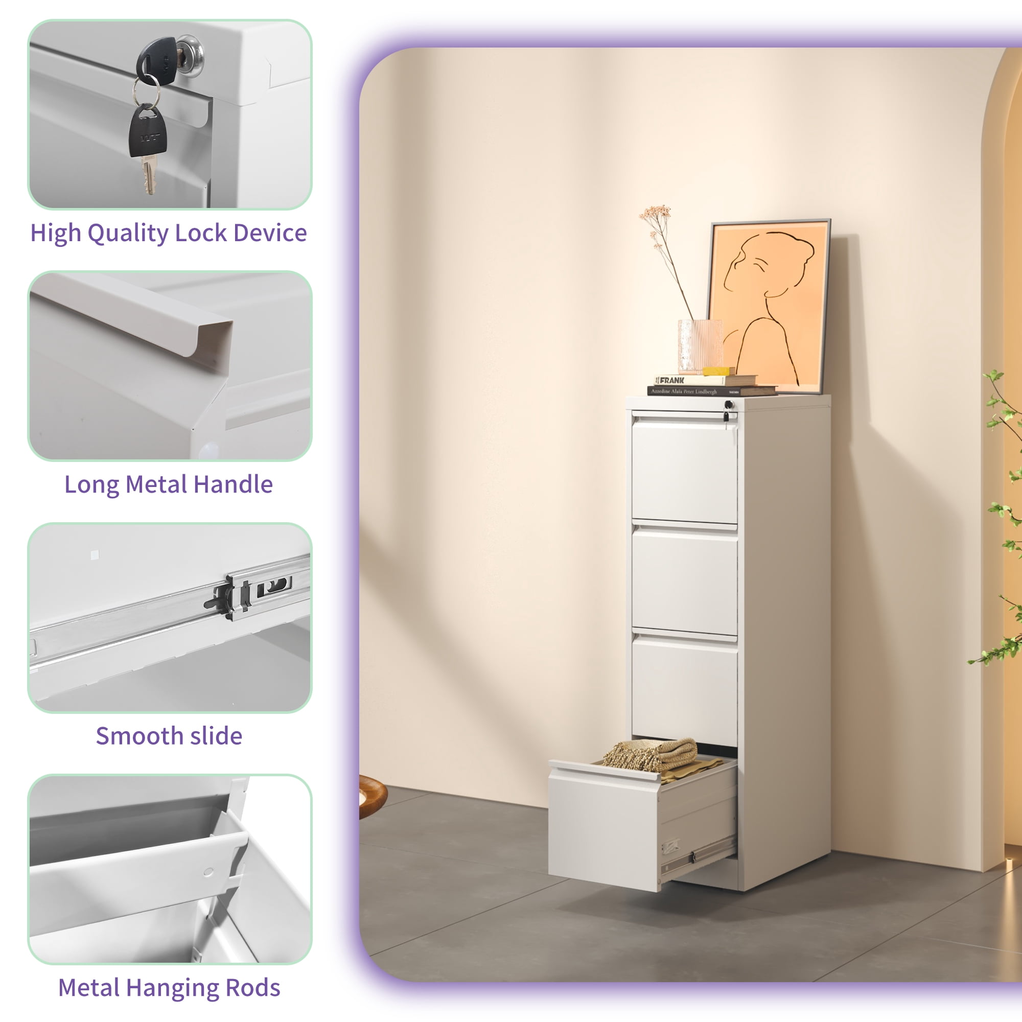 Xukmct Office Home Metal Vertical File Cabinet with Lock, 4 Drawer Steel Vertical File Cabinet for A4 Letter Size, White