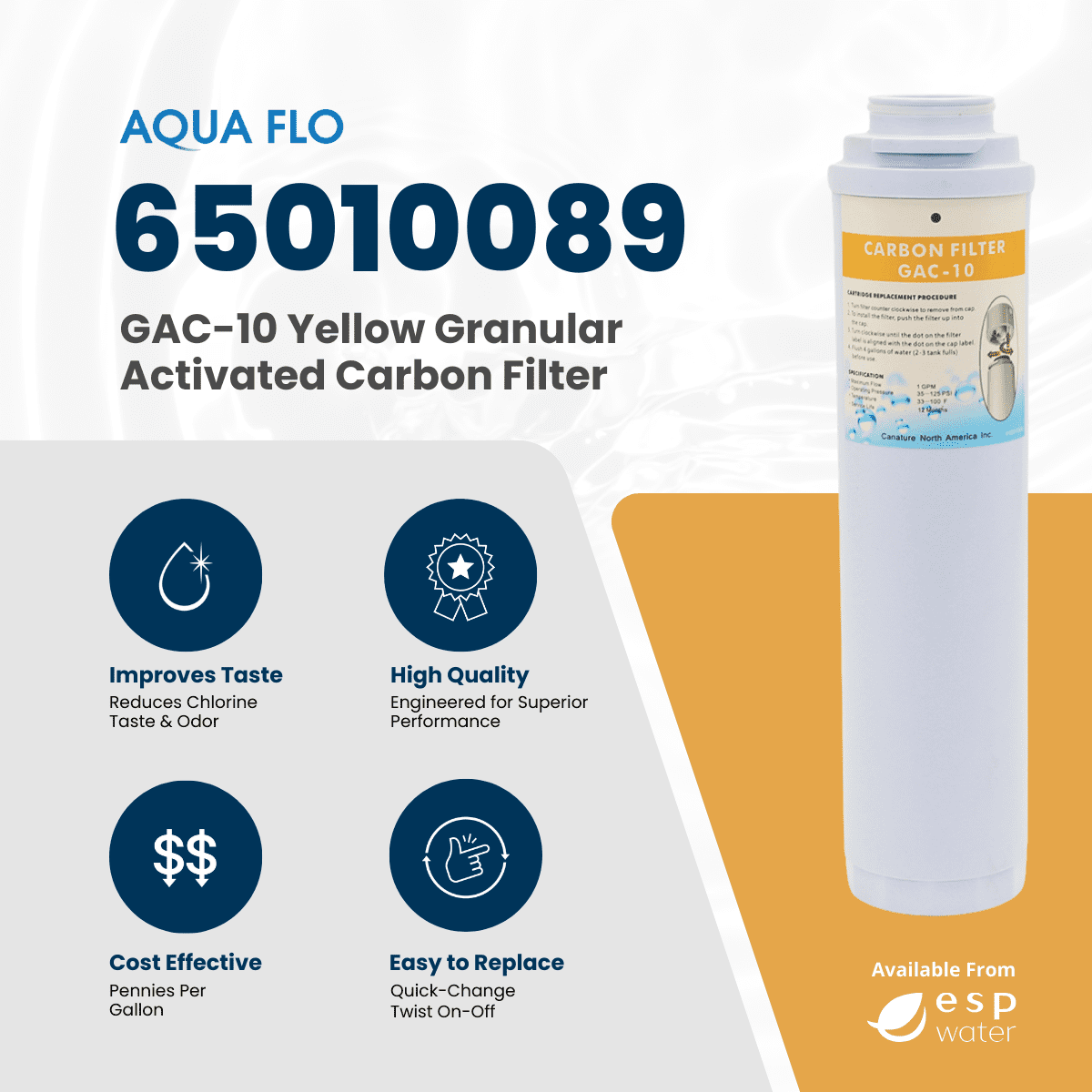Aqua Flo 65010089 Yellow GAC Water Filter Cartridge, 10 Micron, Replacement for 475QC & 475 Pro Series RO Systems
