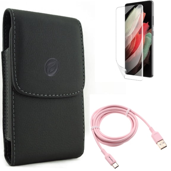 6ft USB-C Cable & Case Belt Clip & Matte Screen Protector for Samsung Galaxy S22 Plus (S22 ) - Combo Pink Charger Cord Power & Leather Holster Cover & TPU Film Anti-Glare