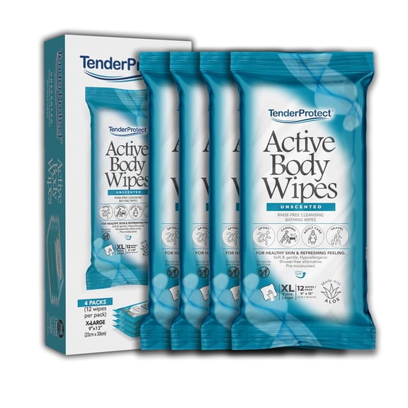 Active Body Wipes XL Rinse-Free Shower Wipe for Adults 9" x 12" Extra Large Aloe No Rinse Bath Wash Cloth - Gym Sports Travel Camping Elderly Care Portable 12 Ct Packs (48 ct)