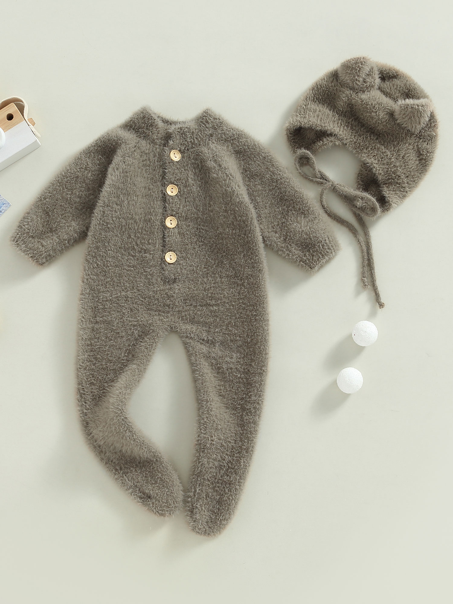 Arvbitana Infant Baby Girl Boy Plush Jumpsuit Long Sleeve Round Neck Button Closure Solid Color Playsuit  + Hat Winter Warm One Pieces Clothes for Infant 2Pcs 0-24M