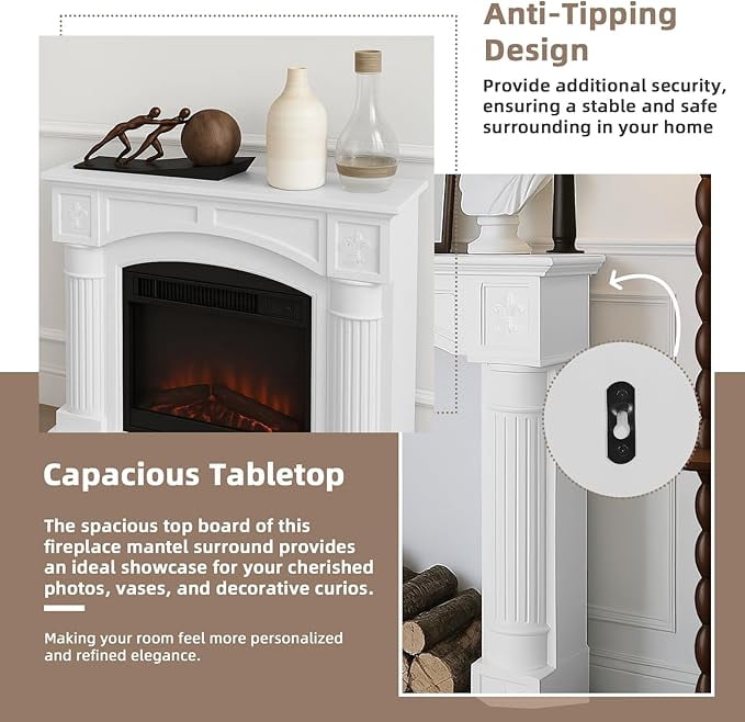 EPICOZY 43.3" Fireplace Mantel, Freestanding Fireplace Surround with Leg for Electric Fireplaces, MDF Mantel Surround with Shelf for Living Room with Decorative Pattern, Anti-Tipping & Waterproof