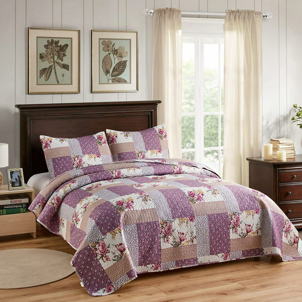 Light Purple Flowers Printed 3 Piece Quilt Bedding Set, King Size ...