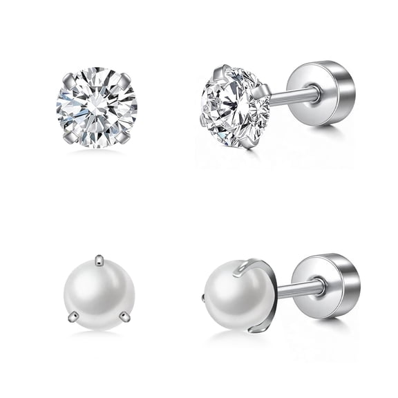 2 Pairs Hypoallergenic Implant Grade Titanium Stud Earrings for Sensitive Ears Women | Stackable 20G Simulated Pearl/Opal & CZ Flat Screw Back Sleeping Earrings