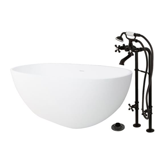 Kingston Brass KRTRS6531266K5 65-Inch Solid Surface Oval Double Ended Freestanding Tub with Faucet Combo and Drain in Oil Rubbed Bronze