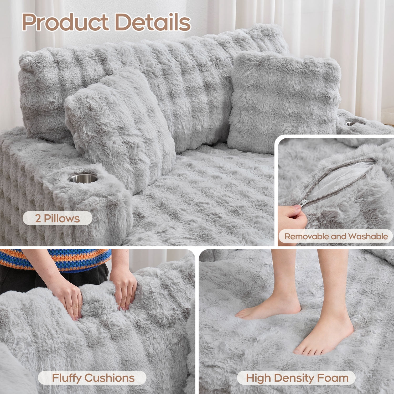 Faux Fur Upholstered Plush Fabric and Wood Frame Sleeper Sofa with Chaise, Gray