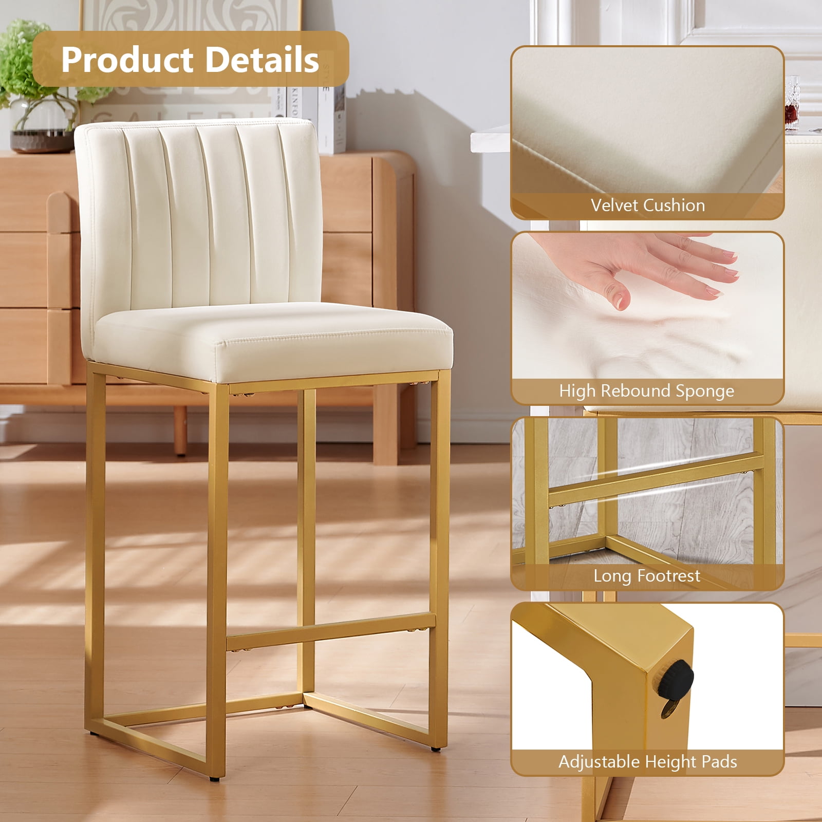 27 Inch Bar Stool, Velvet Counter Height Bar Stools, Set of 4 Bar Chairs with Back and Metal Legs, Kitchen Island Counter Stools for Pub, Dinning Room, Cafes