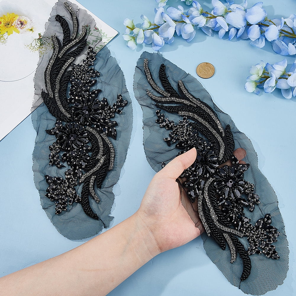 1 Pair Polyester Computerized Embroidery Cloth Iron on/Sew on Patches Flower with Rhinestone and Glass Beads Black 357x127x7.5mm diy