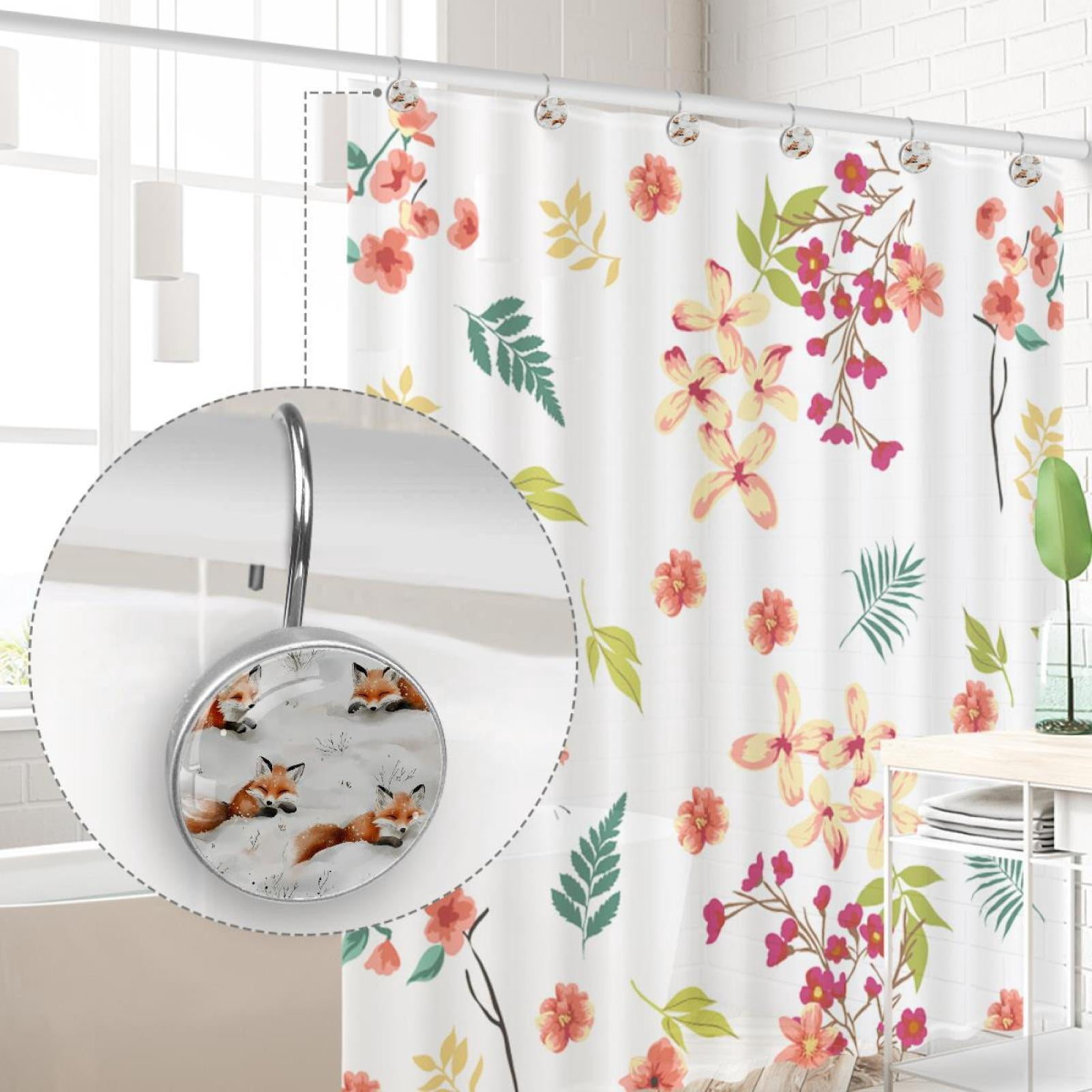 Happy Foxes Plays on Snow Shower Curtain Hooks Round Crystal Glass, Set of 12 Shower Curtain Rings - Shower Hooks for Curtain Shower Rings