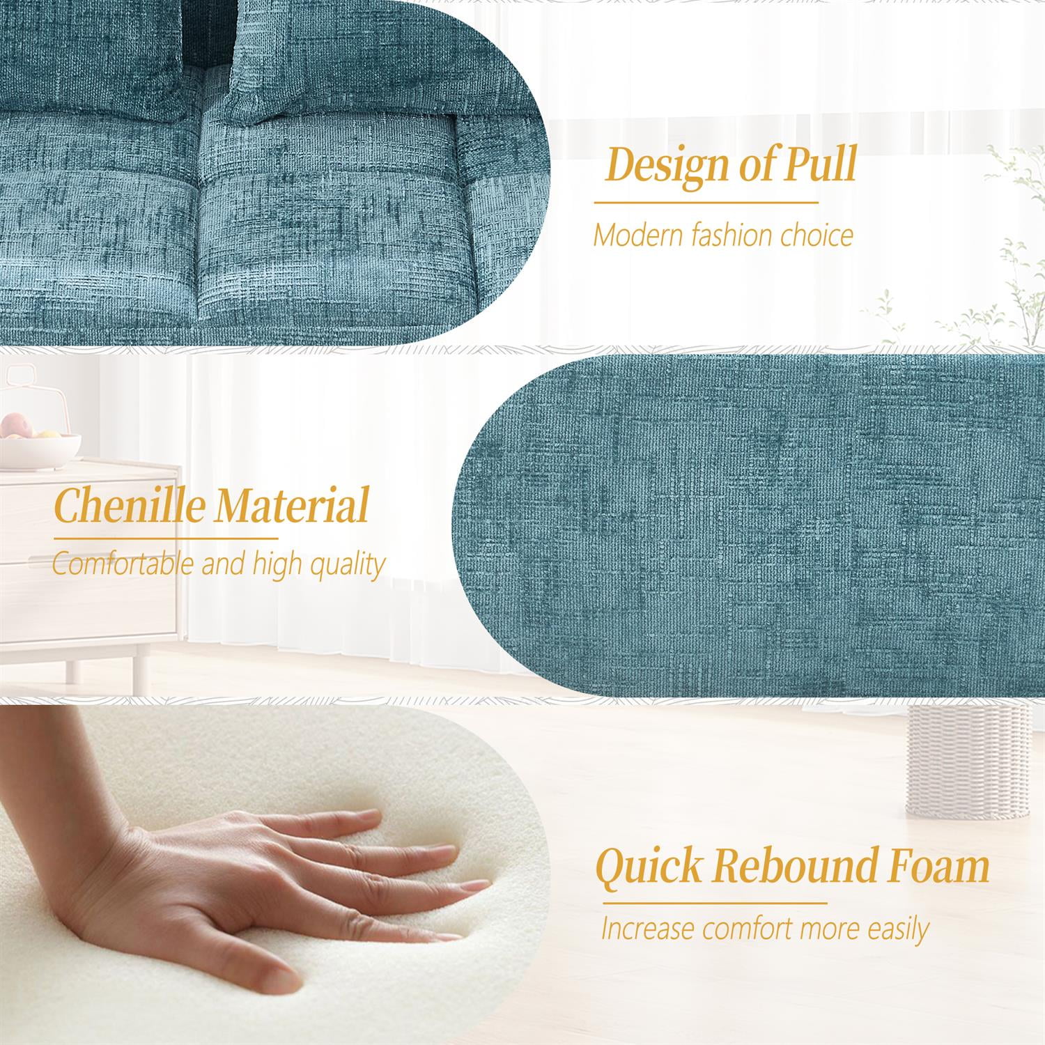 Demi Bonn 62" Plush Chenille Loveseat Sofa, Modular Sleeper for Living Room, Bedroom, Apartment Lounge, Stylish & Comfortable Couch, Blue