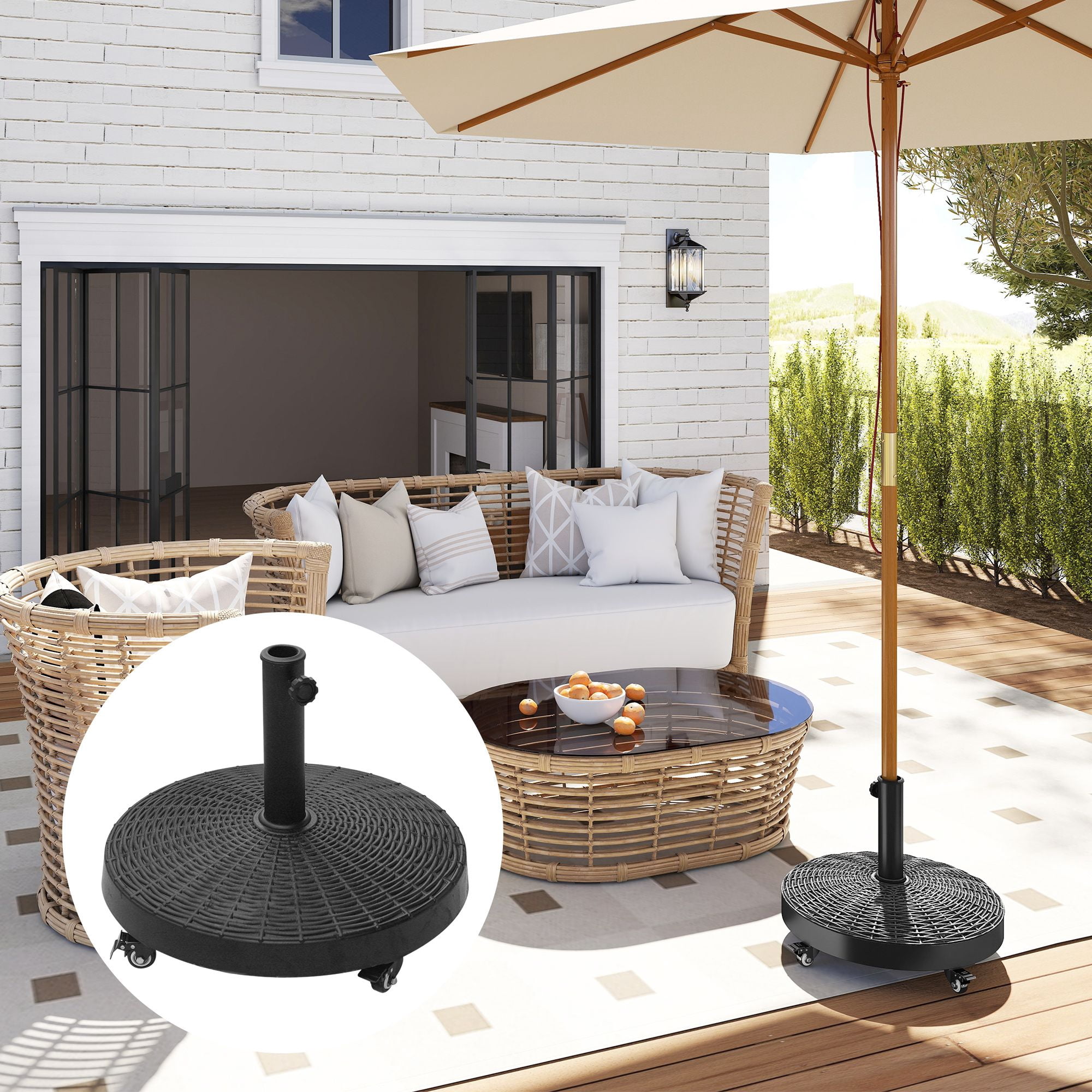 Dranite Heavy Duty Umbrella Stand, 50 lbs Patio Market Base for 1.5" or 2" Poles, Outdoor Deck Stand, Black