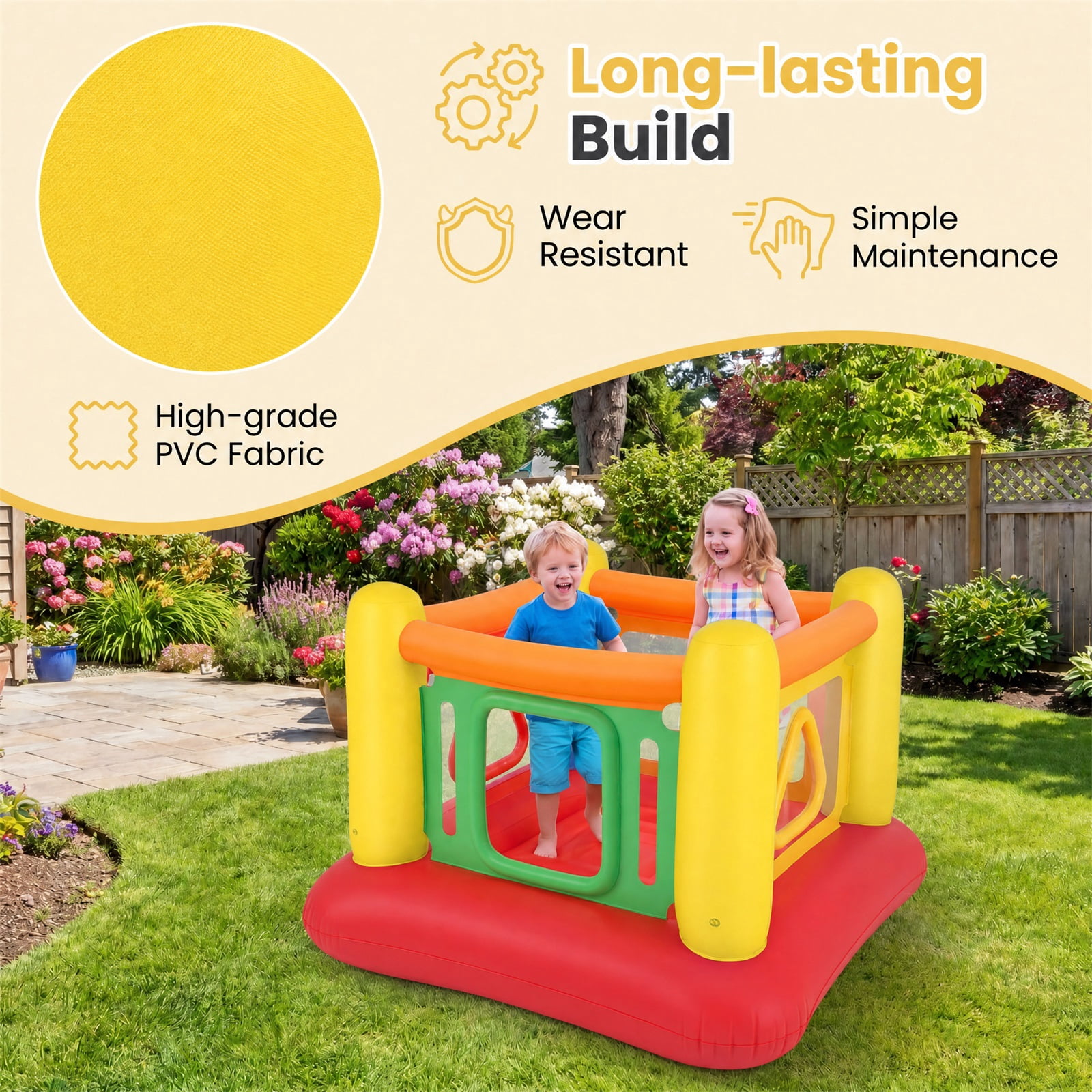 Costway Inflatable Bounce House for Kids, Blow Up Jumping House with Transparent Side Walls Red + Yellow + Orange