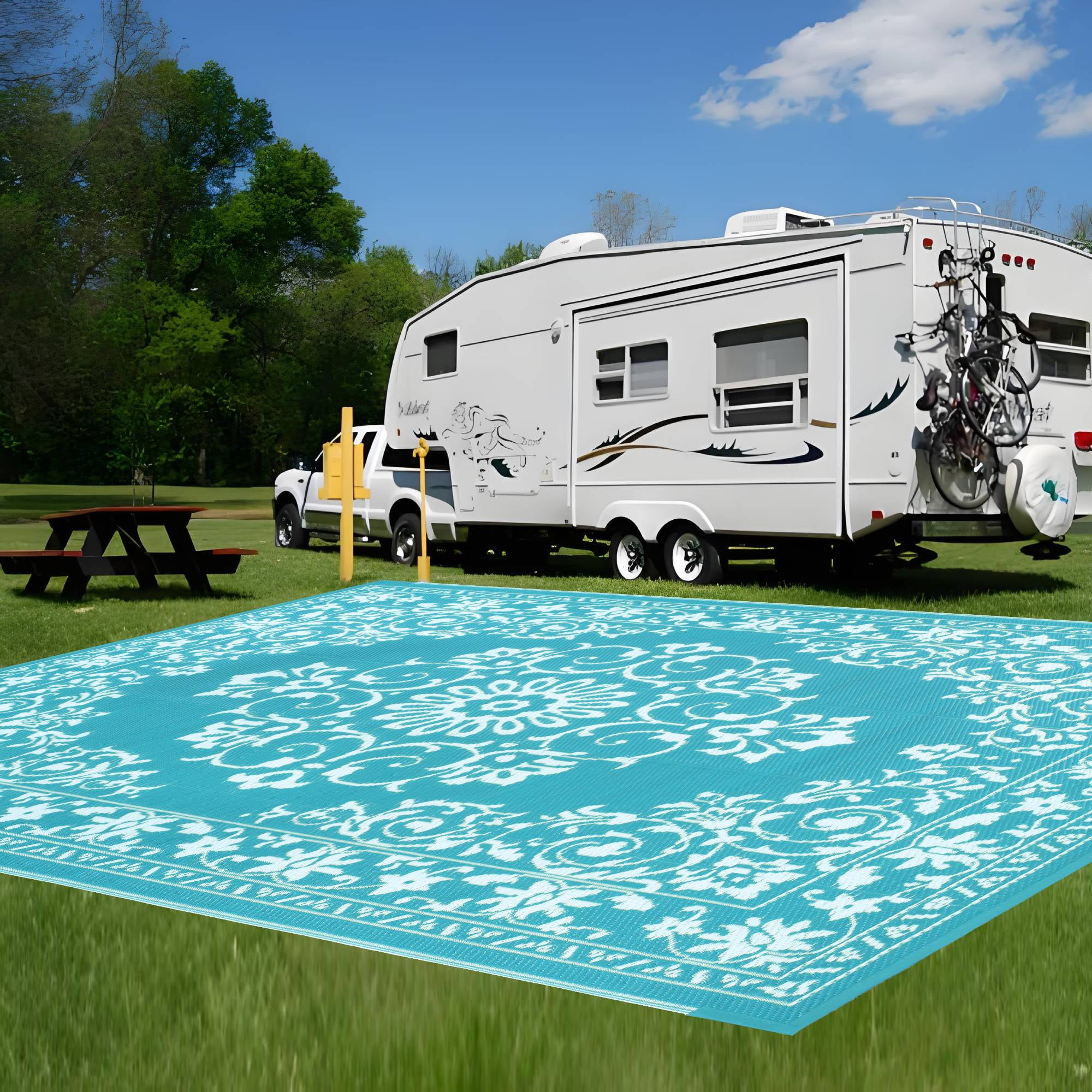 Findosom 8'x10' Boho Mandala Outdoor Rug Patio Rug Large Reversible Plastic Straw Rug RV Outdoor Mat Waterproof Foldable Portable Camping Mat for RV,Patio,Backyard,Deck,Picnic,Beach Teal