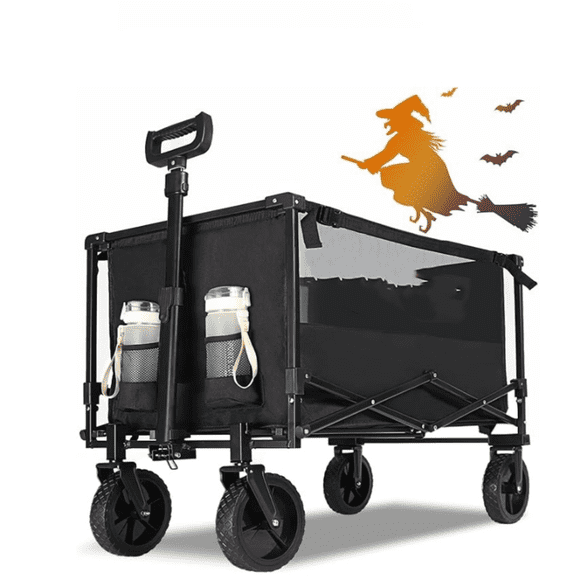 Collapsible Foldable Wagon with 330lbs Weight Capacity, Heavy Duty Folding Utility Garden Cart with Big All-Terrain Beach Wheels & Drink Holders. Black