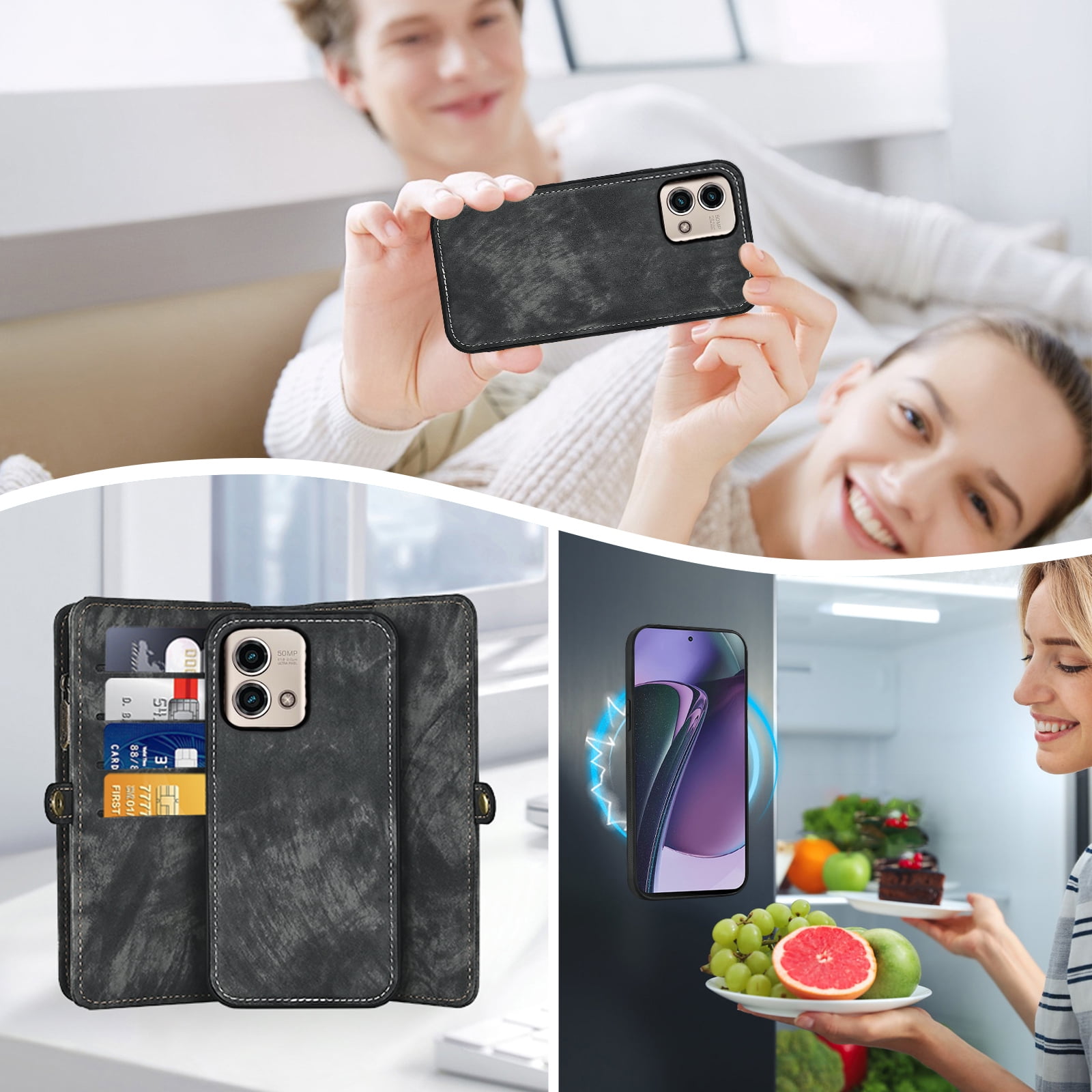 Asuwish Compatible with Motorola Moto G Power 5G 2023 Phone Case Zipper Wallet Detachable Tempered Glass Screen Protector Crossbody Lanyard Strap Flip Card Holder Cell Cover for GPower G5 Women Black