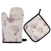 Yayeee Oven Mitts and Pot Holder Set of 4 Heat Resistant Kitchen Gloves Baking Hot Pad, Purple Watercolor Seashells