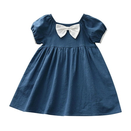 

HTGFGMGW Girls Summer Dress Toddler Kids Baby Girls Solid Linen Dress with Bow Short Sleeve A Line Ruffle Summer Sundress Princess Dresses Baby Girl Gifts Blue