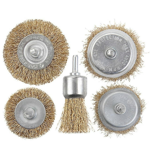 5pcs Wire Brush Drill Attachment Set Brass Coated for Cleaning Rust Hex Shank Fits Impact Driver