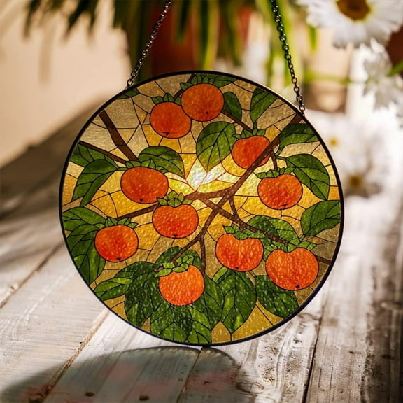 ViciArt Persimmon Glass Suncatcher – Fruit Stained Glass Window Art, Gift for Mom, Kitchen Decor