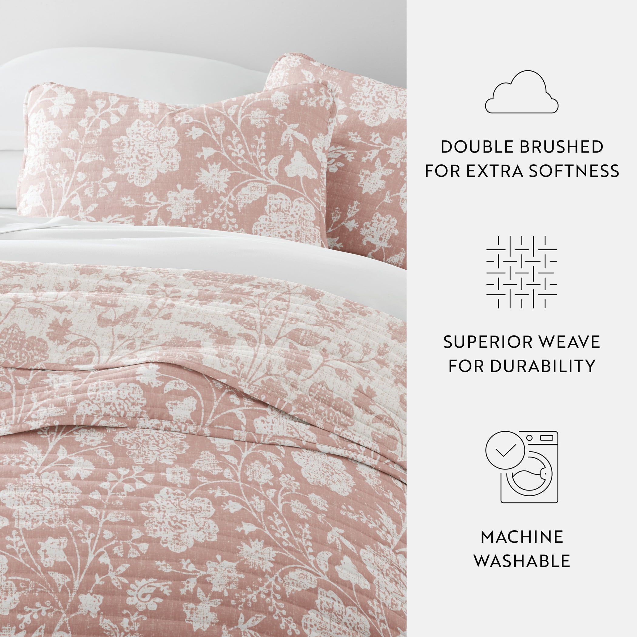 Noble Linens 3-Piece Rose Textured Floral Reversible Quilt Set, Queen