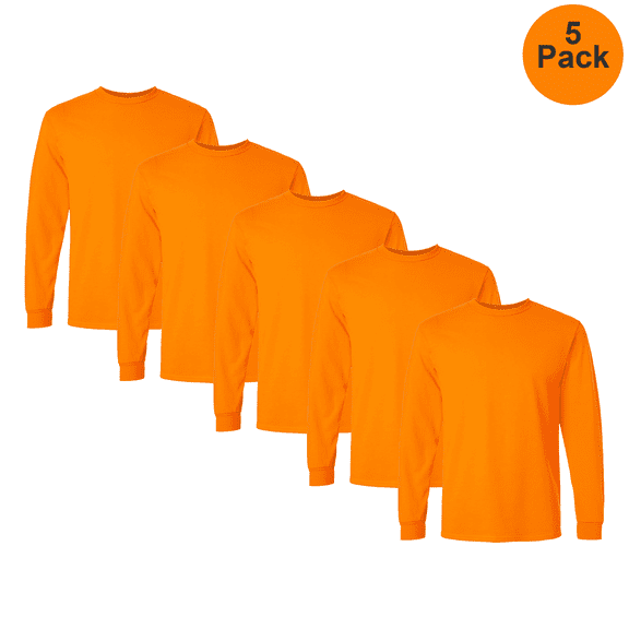 Gildan High Visibility Long Sleeve T-Shirt, Hi Vis Men's Durable Pullover Workwear Orange Tee, 5 Pack, S