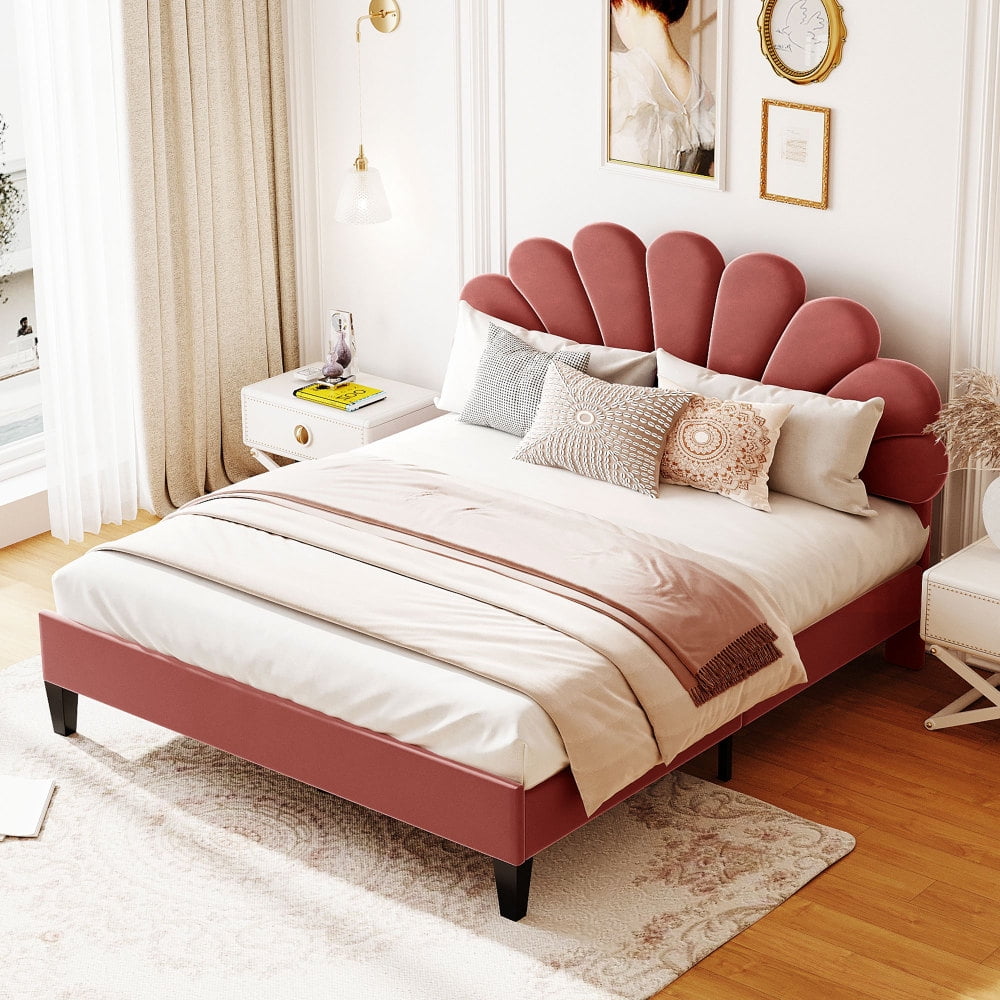 Queen Size Upholstered Platform Bed with Flower Headboard,Velvet Bed Frame for Kids Boys Girls,Bean Paste Red