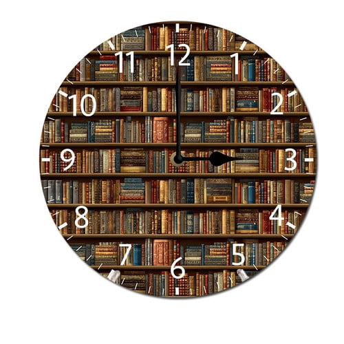 ZXCXRQFa Book Shelf Wood Wall Clock Silent Non-Ticking Kitchen Desk Clock Battery Operated Analog Decorative Round Clocks 10 in Garden Home Decor