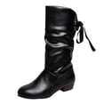 thumbnail image 5 of FRSASU Women's Faux Leather Slouch Mid‑Calf Boots Ruched Shaft Back Lace‑Up Tie Detail Round Toe Low Block Heel Pull‑On Casual Mid Boots Black, 5 of 6