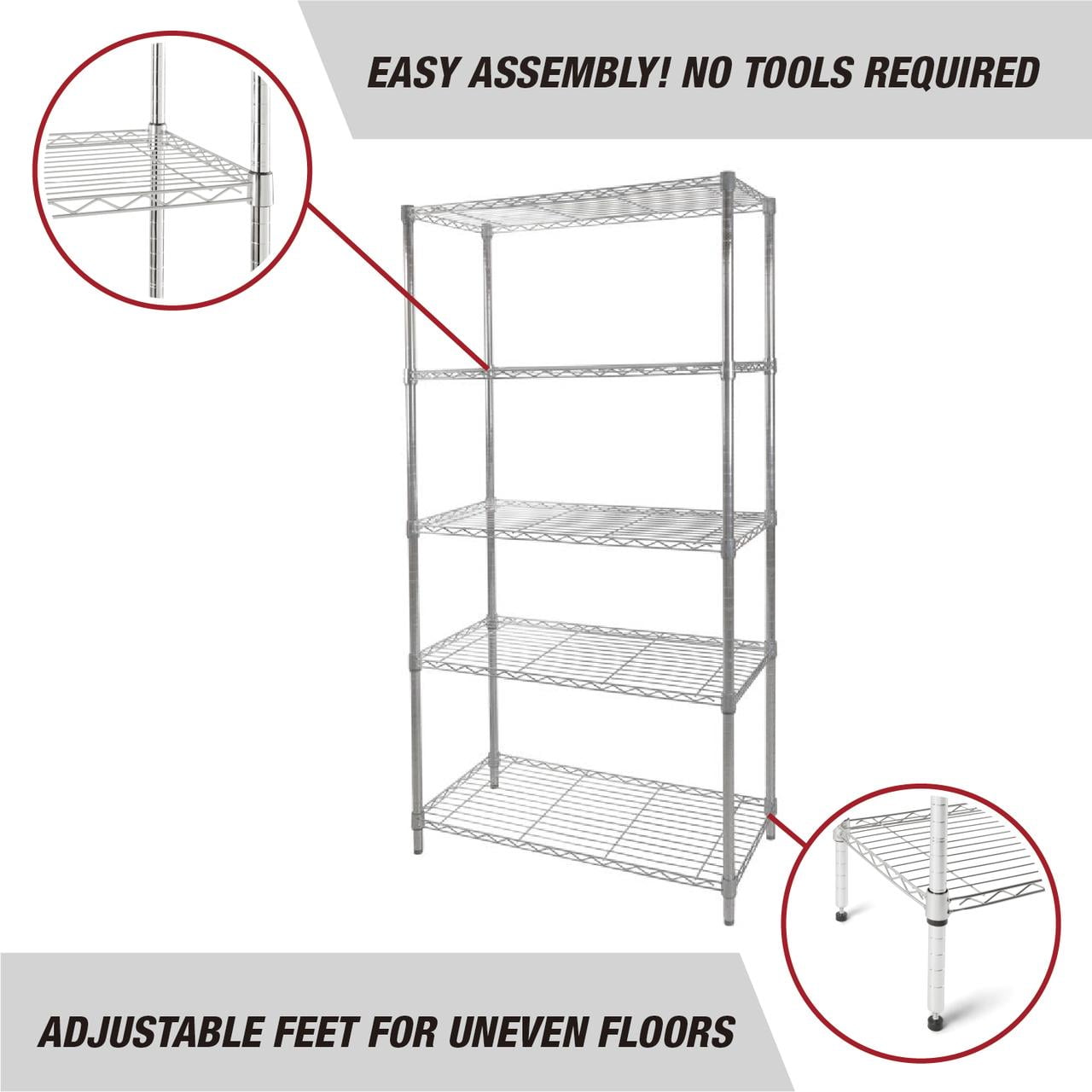 Hyper Tough 5-Tier Wire Storage Shelves, 36"W x 16"D x 72"H, 1750 lb Load Capacity, Chrome
