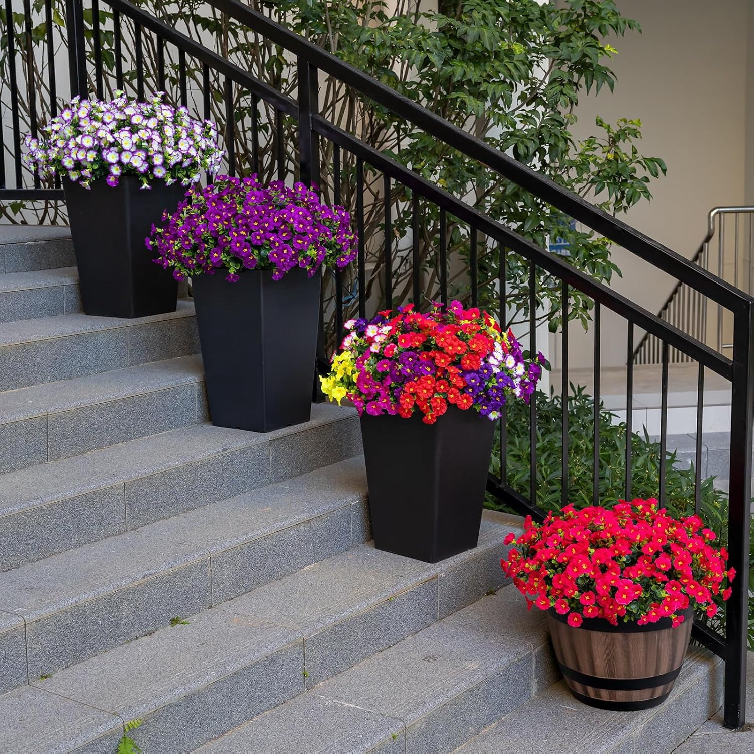 Artificial Fake Flowers Plants for Outdoors Decoration, 16 Bundles Silk Colorful Morning Glory UV Resistant Realistic Faux Flower for Outside Planter Porch Patio Yard Balcony (8 Color)