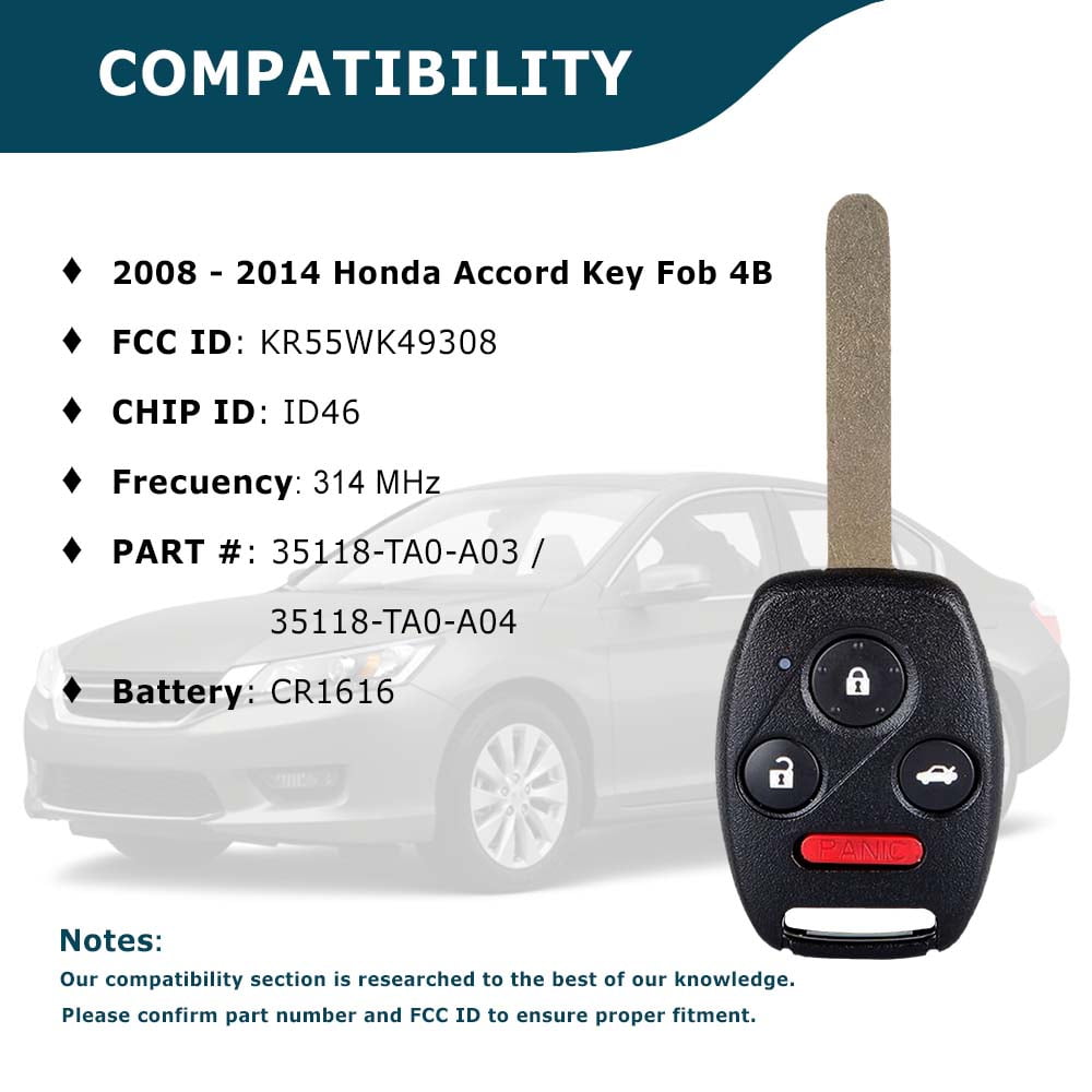 AKS KEYS New Replacement for Honda Accord 4 Dr 2008-2014 Remote Head Key Fob KR55WK49308