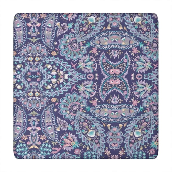 Blue Ethnic Paisley and Floral Pattern Square Fitted Tablecloth with Elastic Edge,Square Table Cover,Washable Elastic Table Cover for Home Kitchen Party Decor 34"x34"