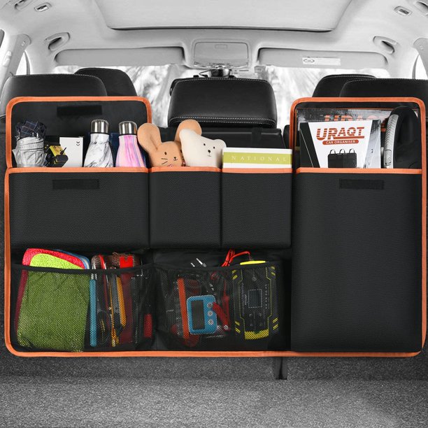 Organizador de maletero de coche, 100 x 45 cm, bolsa de almacenamiento grande para maletero de coche, bolsas impermeables para coche, organizador de asiento de coche con 6 bolsillos, correas ajustable