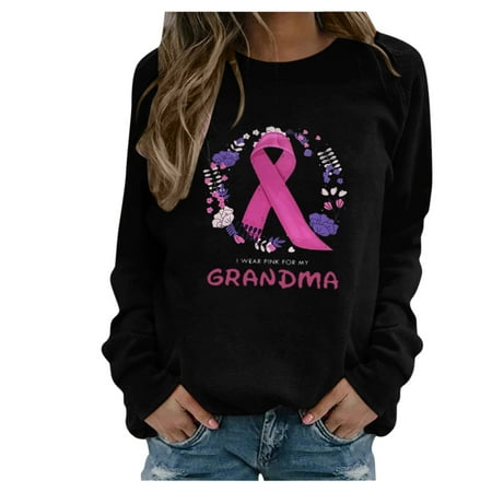 

Sweatshirts woman Casual Breast Cancer Awareness ed O-Neck Top Long Sleeve Solid Pullover Tops
