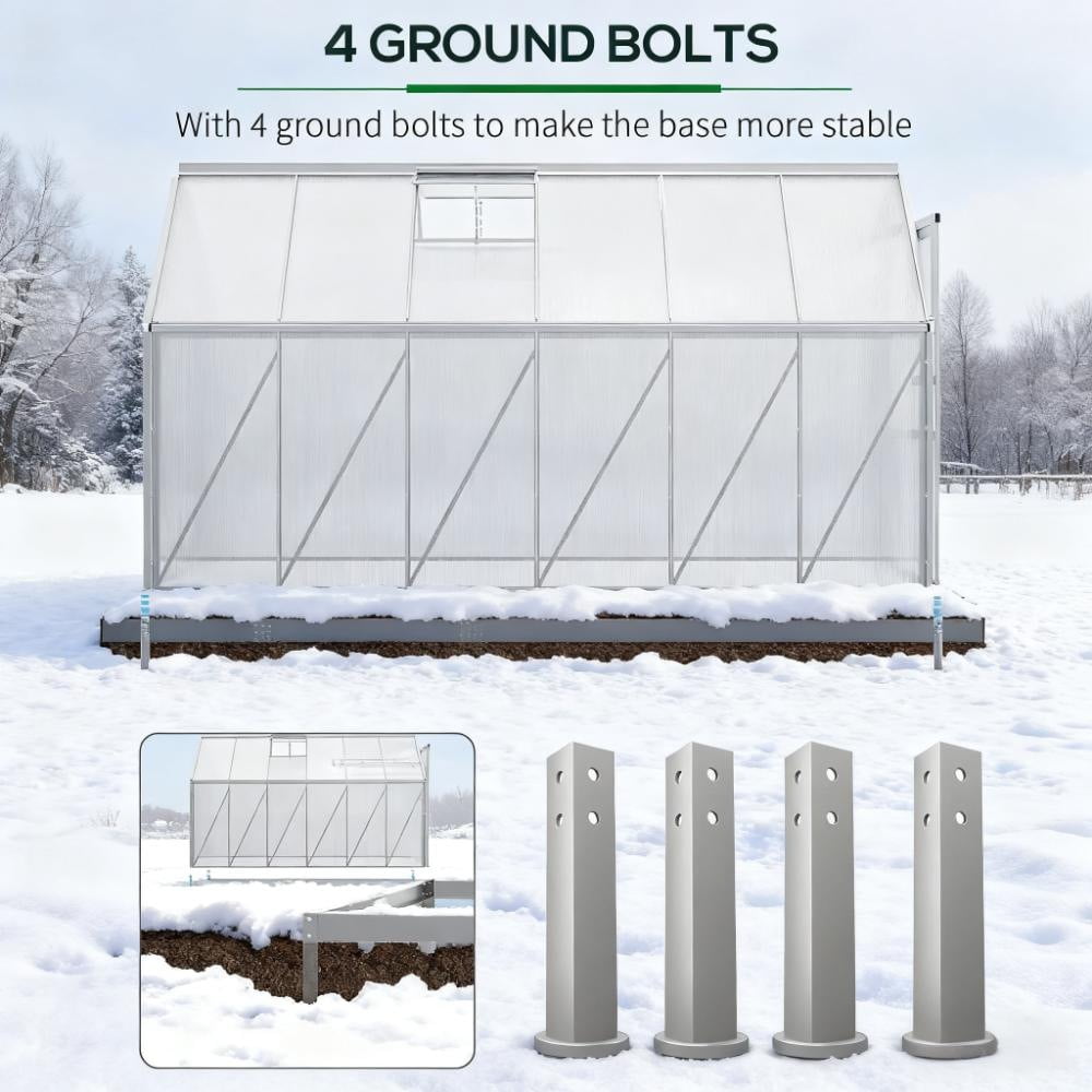 6x12 FT Greenhouse, Easy Assembly Polycarbonate Greenhouses with Adjustable Roof Vent, Large Aluminum Walk-in Greenhouse with Sliding Door, Silver