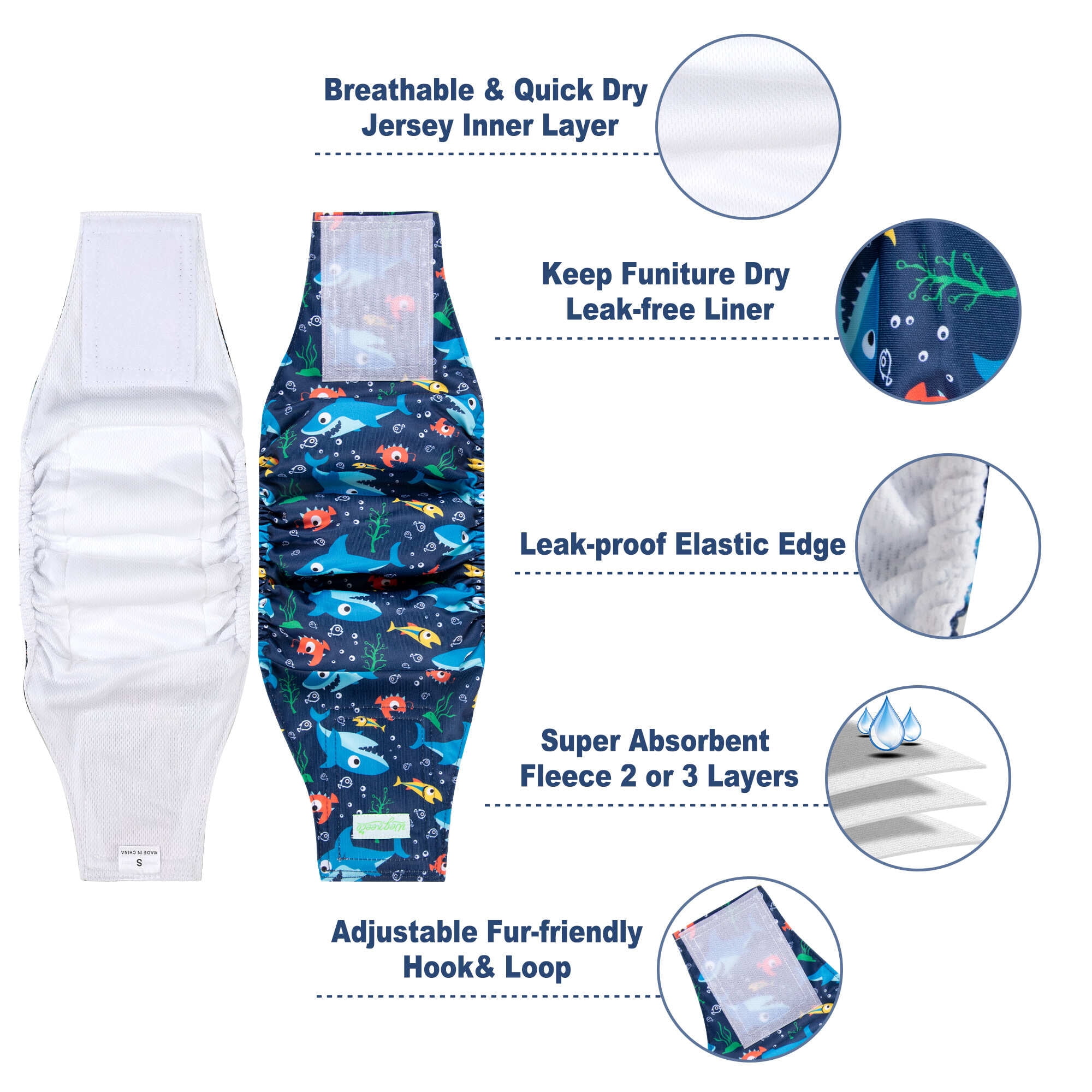 Wegreeco Pack of 5 Reusable Male Dog Belly Band, Washable Premium Male Dog Diapers, Super-Absorbent Dog Wraps,Cute Color,S