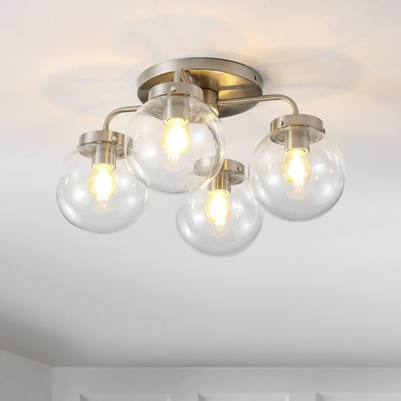 JONATHAN Y Piper 18" 4-Light Farmhouse Rustic Iron/Glass LED Semi Flush Mount, Nickel/Clear