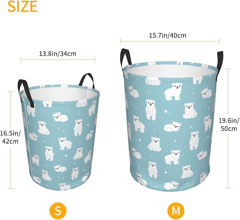 Cute Polar Bears Laundry Hamper Bag With Waterproof Liner - Round Laundry Basket Foldable Clothes Storage Organizer For Bathroom Bedroom Nursery Dorm
