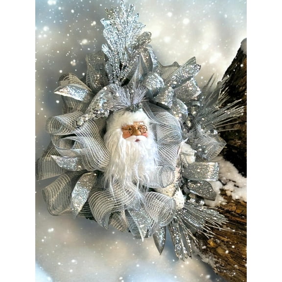 Silver and White Santa Wreath, Christmas Wreath, Christmas Decor
