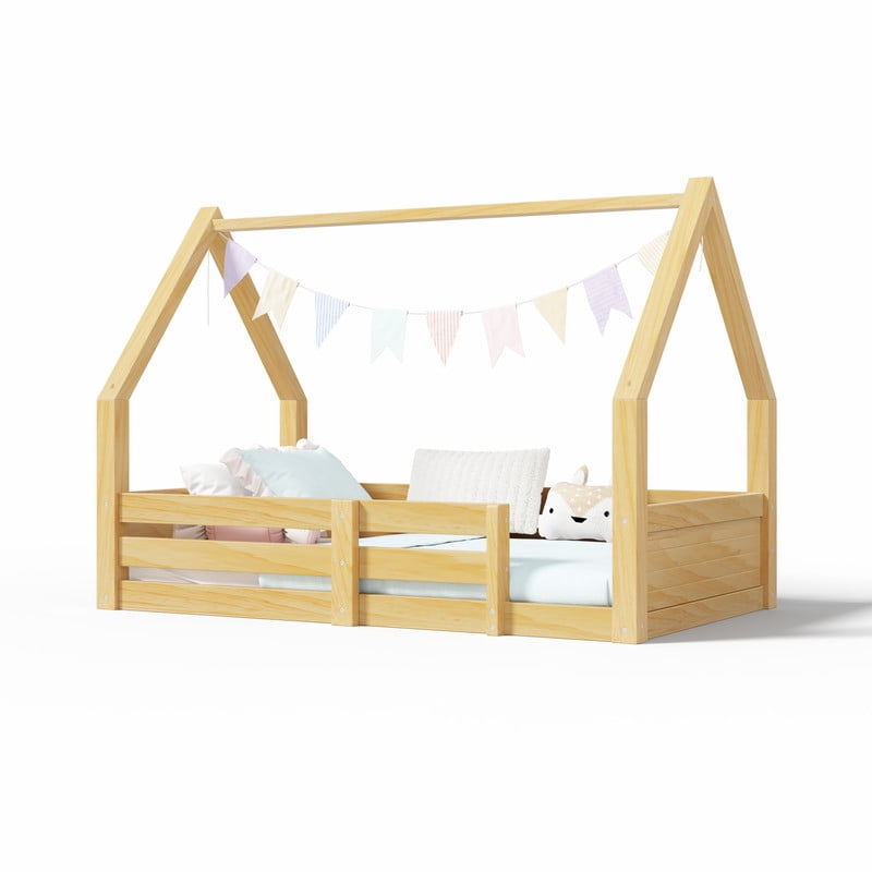 Euroco Wood Twin Size Platform Bed, Low Profile House Floor Bed with Guardrails, White