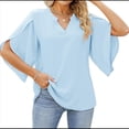 thumbnail image 3 of Blusa Holgada de con Cuello en V y Mangas 3/4 con Volantes para Mujer, Color Azul , Talla S, 3 of 7