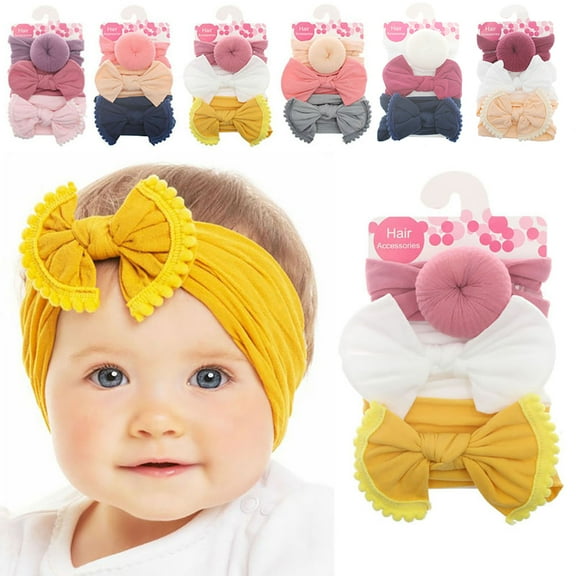 3Pcs Baby Girls Elastic Bowknot Pompom Headbands Toddler Princess Party Hair Band Headwear