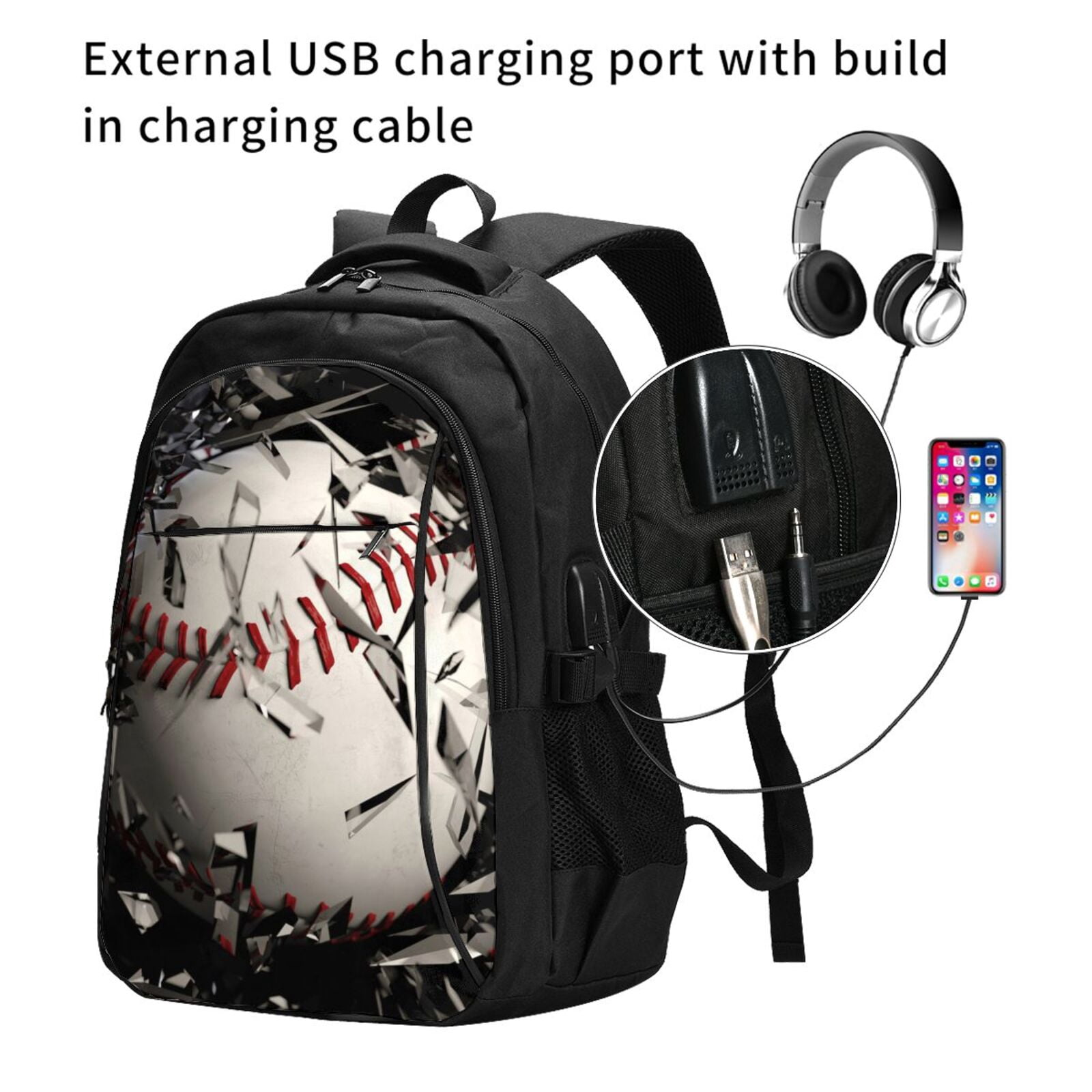 Hirioo Baseball Breaking Glass for Travel Laptop Backpack with USB Charging Port for Men and Women
