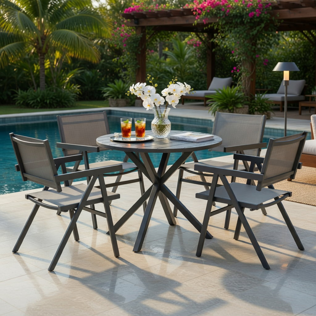 Hommoo 2-Pack Outdoor Patio Dining Chairs, Breathable Fabric Seat, Powder-Coated Metal Frame, Fade-Resistant & Ergonomic Design for Patio, Poolside & Backyard, Gray
