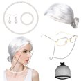 thumbnail image 3 of Peluca de anciana, peluca de cosplay de abuelita, disfraz de anciana para mujer, peluca de abuelita, gorro, gafas, cadena, collar de perlas, pendientes, pulsera (7 piezas), 3 of 8