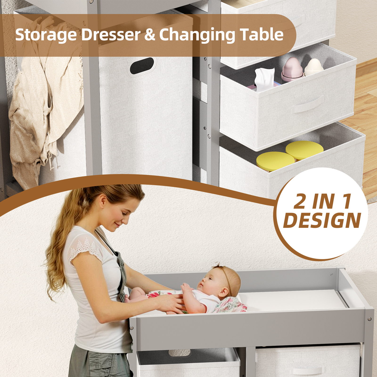 KORIMEFA Baby Changing Table with 3 Storage Drawers & Hamper , Portable Diaper Station, Space-Saving Nursery Organizer , Easy Assembly (Gray)