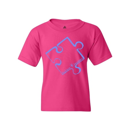 Shop4Ever Youth Blue Puzzle Piece Autism Awareness Graphic Youth T-Shirt Small Heliconia Pink