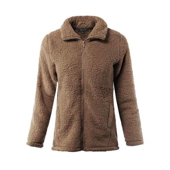 A2Y Women's Soft Sherpa Front Zipper Side Pockets Jackets Mocha 1XL