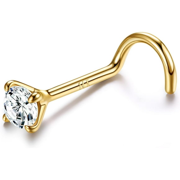 14K Real Gold Nose Rings & Studs - Simulated Diamond CZ Corkscrew Twist Nose Screw Piercings 1.5-3MM Hypoallergenic for Women & Men